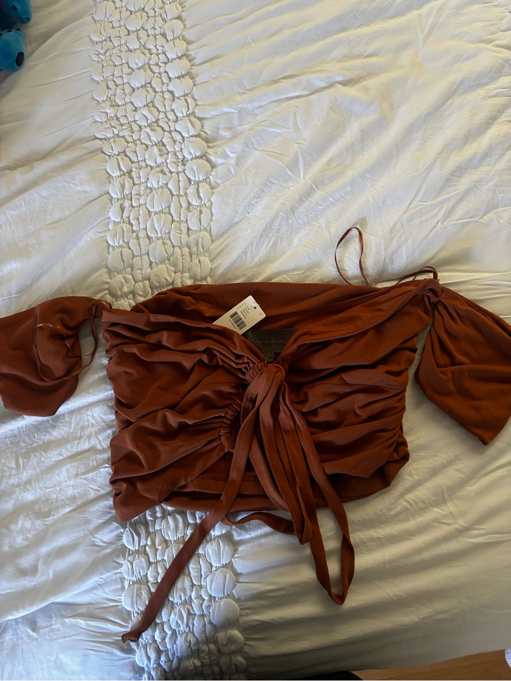 Sunday in Brooklyn Rust Ruched Tie-Front Off-Shoulder Crop Top